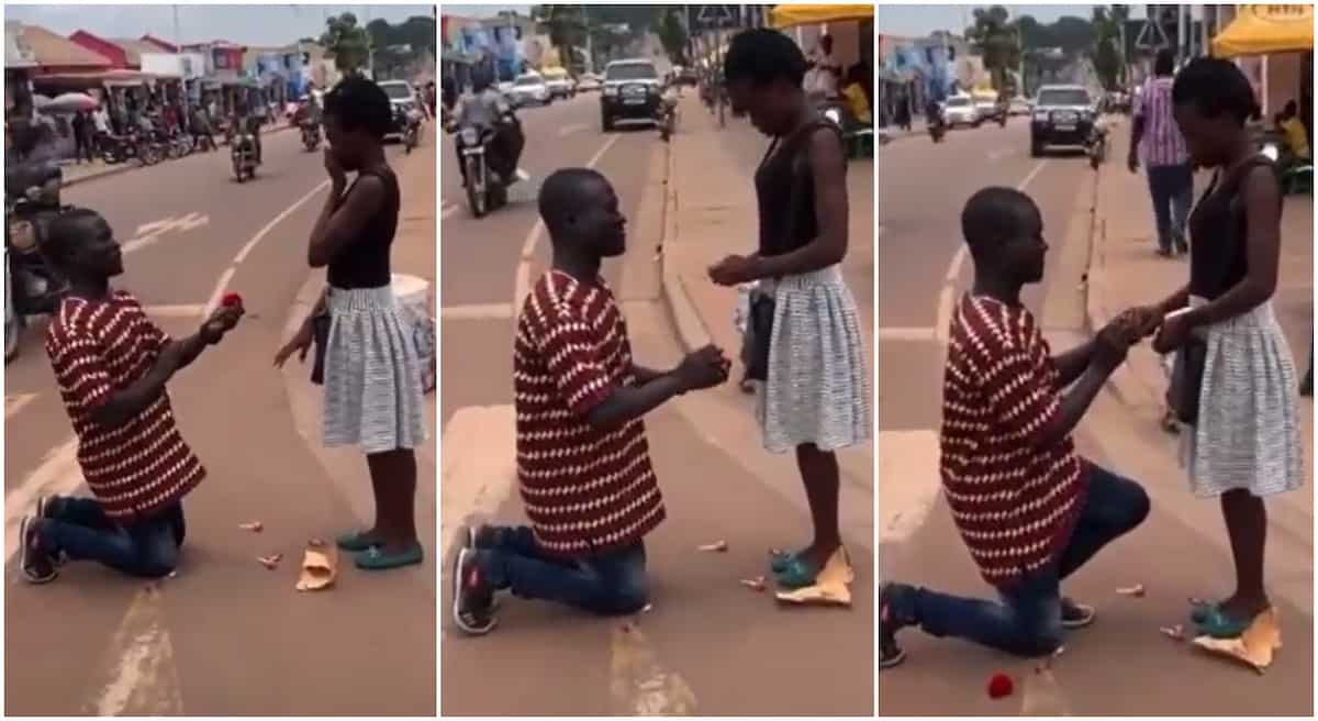 Photos of a man proposing to his girl.