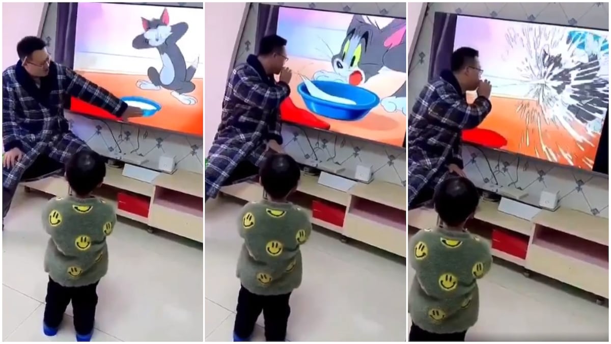 Lovely father makes son laugh hard as he pretends as if he's stealing cartoon character's food in viral video