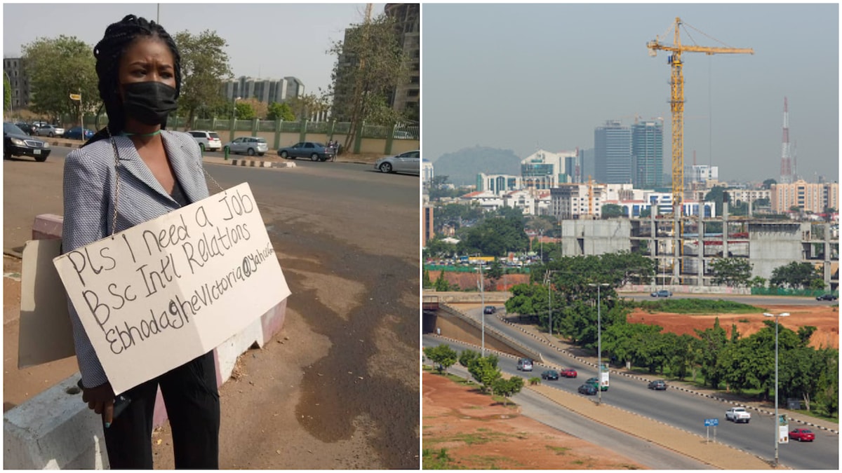 Frustrated Nigerian lady hit Abuja street with cardboard to beg for job, stirs reactions