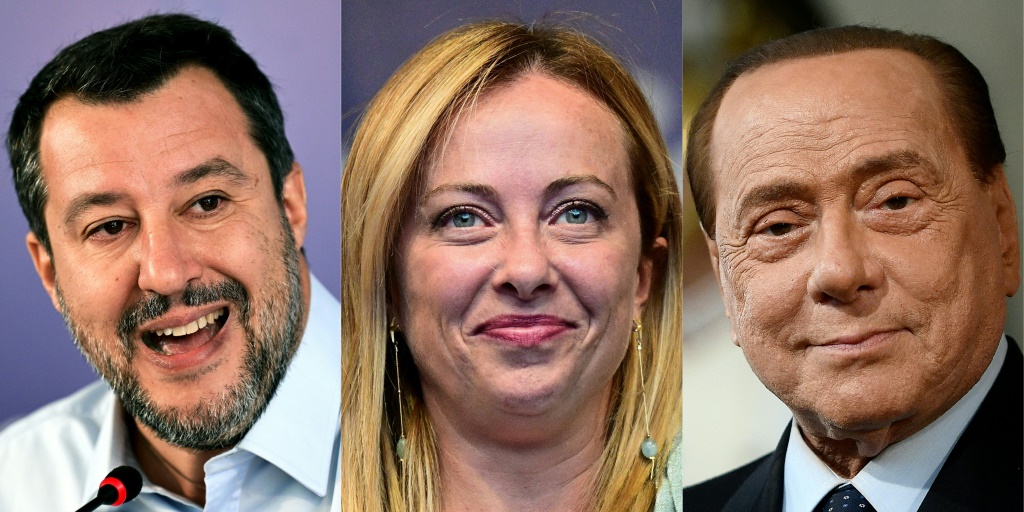 Montage photos de Giorgia Meloni, du parti Fratelli d'Italia, et de ses partenaires de coalition Matteo Salvini (g), chef de la Ligue, et Silvio Berlusconi, chef de Forza Italia