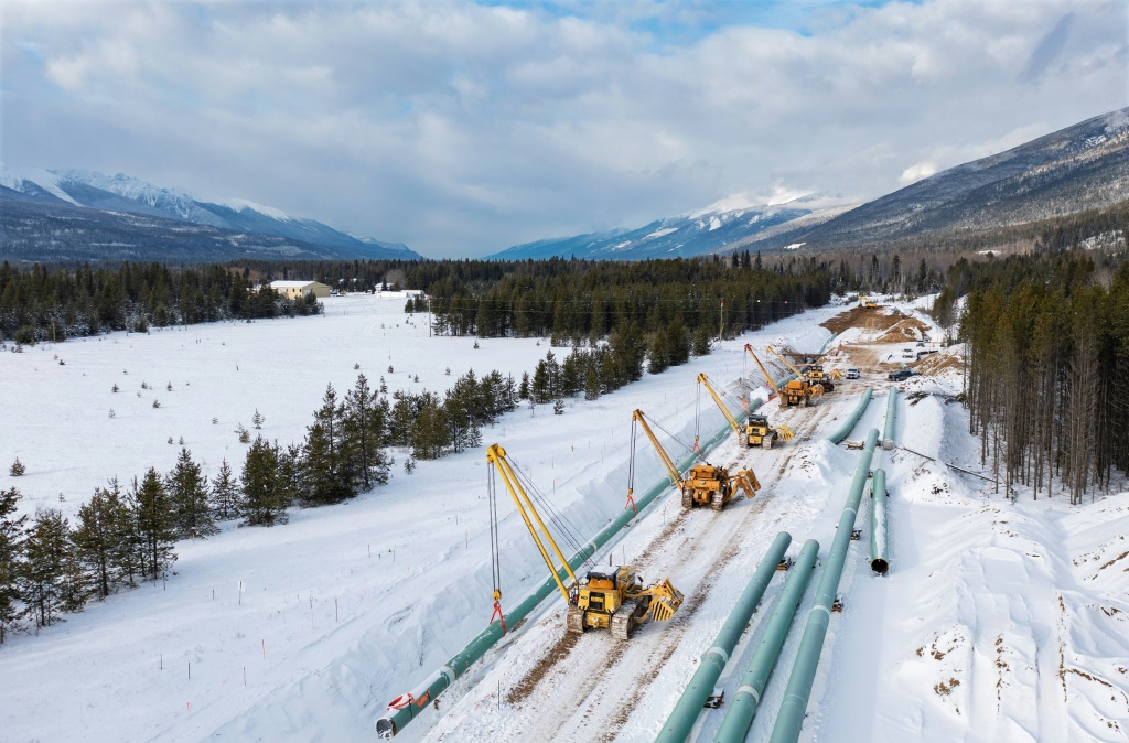 This December 9, 2021, image courtesy of Trans Mountain Corporation shows winter pipeline construction work in Valemount, British Columbia, Canada. The first major new pipeline to be built in Canada in decades is set to open on May 1