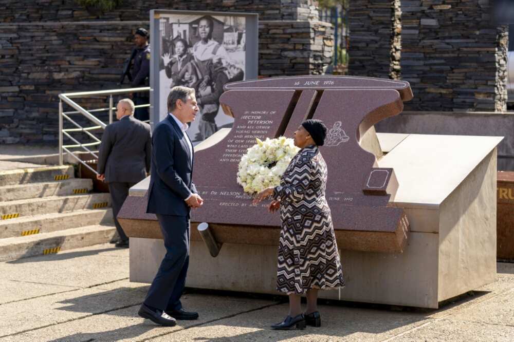 US Secretary of State Antony Blinken was shown around South Africa's Hector Pieterson Museum, built in memory of students killed in a 1976 protest, by Pieterson's sister Antoinette Sithole