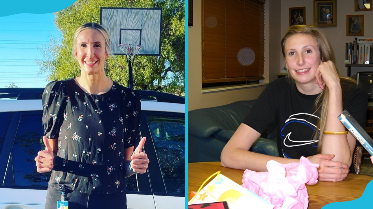 Jennifer Hamson is standing near a basketball court (L). She is in a room (R)