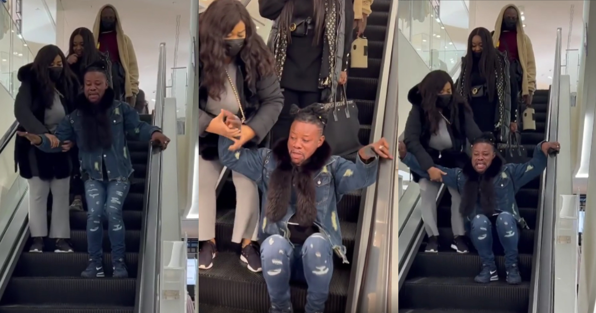 Nana Yeboah: Kumawood actor almost falls off escalator in France, funny video drops