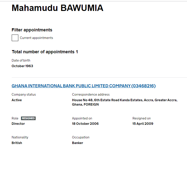 Bawumia listed as "British" on UK Companies House webiste