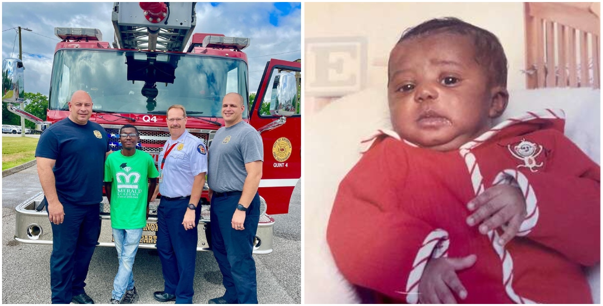 A collage of OT Harris with the firefighter who helped during his birth and him as a baby
Photo credit: Knoxville Fire Department (Facebook)
