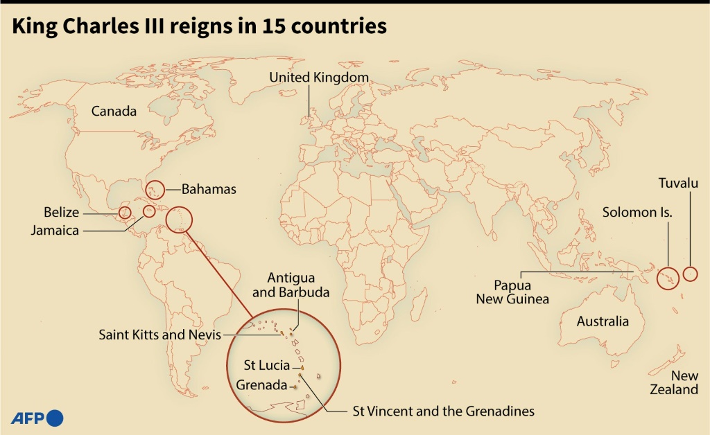 King Charles III reigns in 15 countries