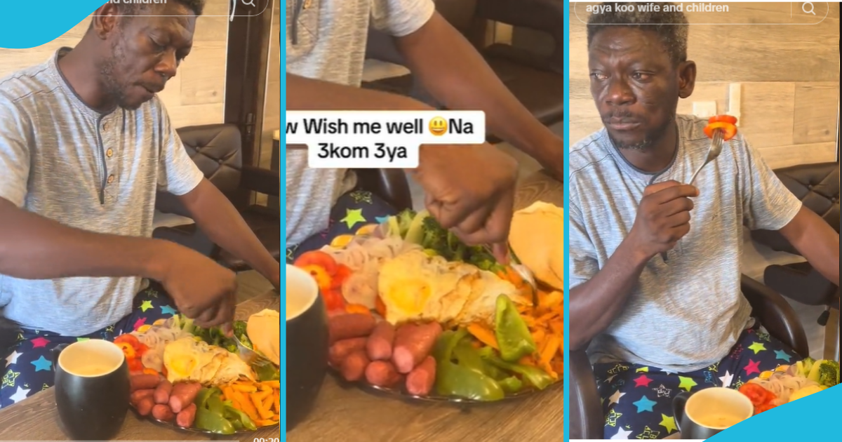 Agya Koo eats healthy, consumes vegetables and sausages in video