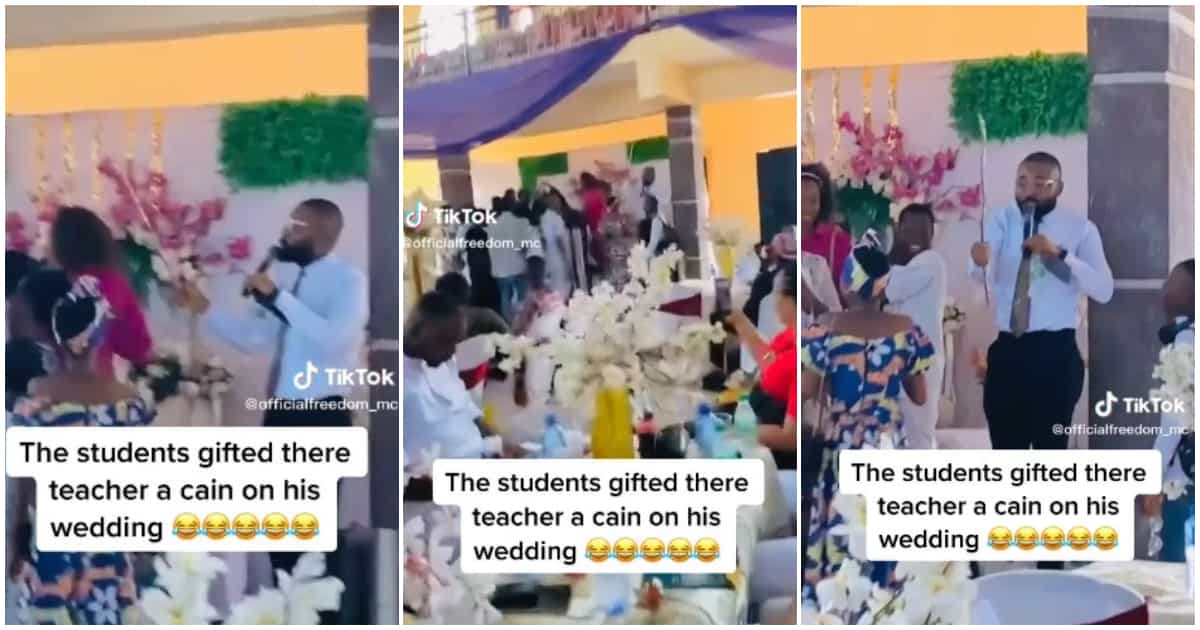 Drama as secondary school students give their teacher a cane as a gift in video