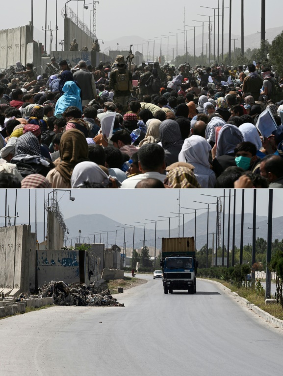 Combination of pictures shows (top) Afghans gathering at the airport in Kabul on August 20, 2021, and (bottom) the same area of the airport taken on August 3, 2022