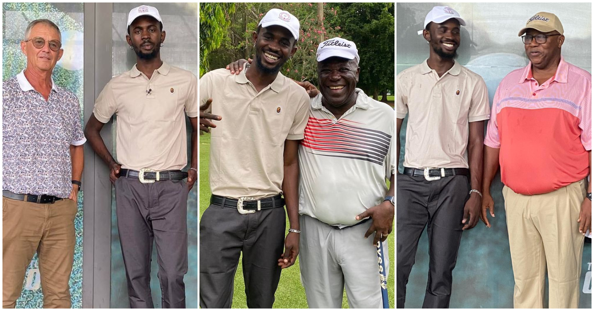 Chilling with the big boys: Black Sherif hangs out with Sam Jonah, other tycoons as they play golf (photos)