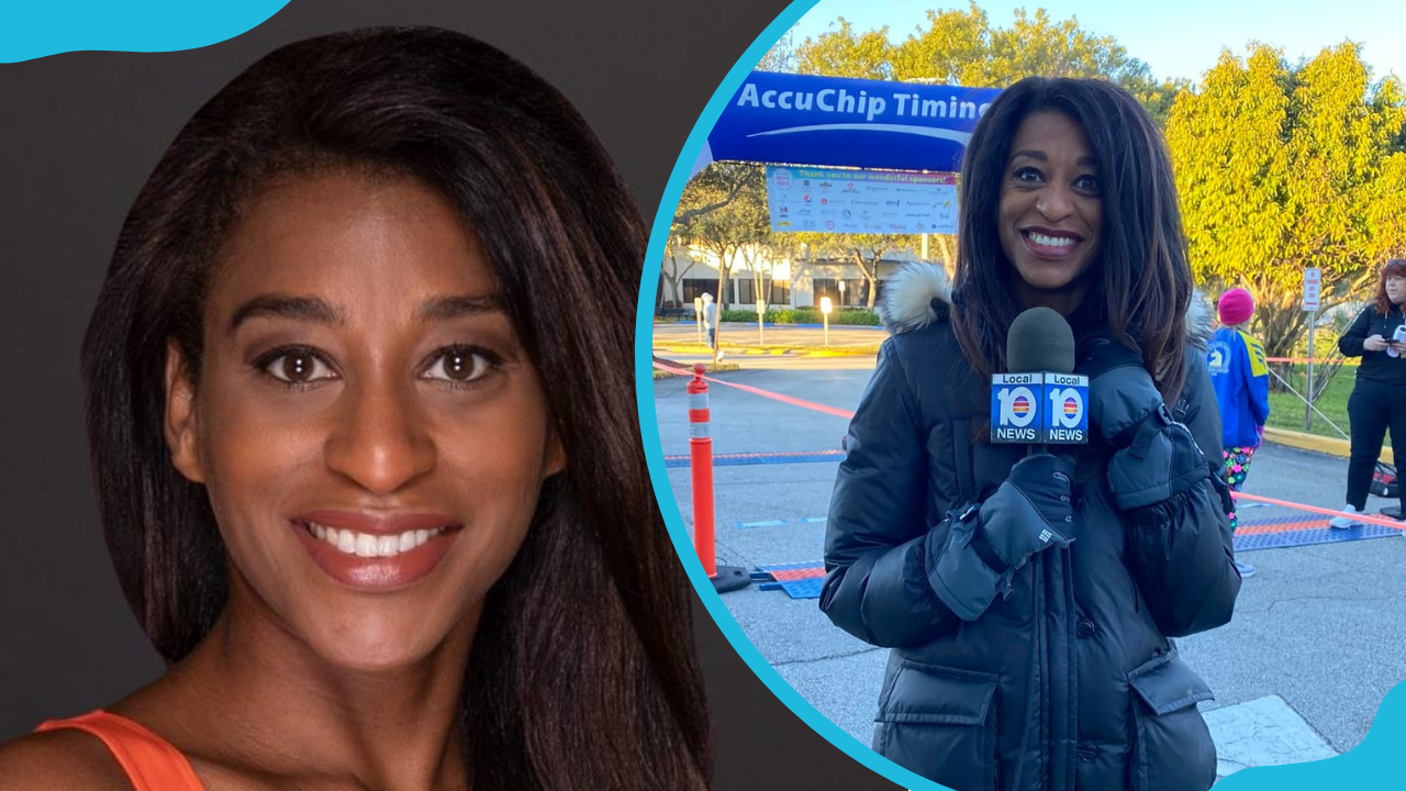 Meteorologist Betty Davis in a photo session (L) and (R) at a live broadcast.
