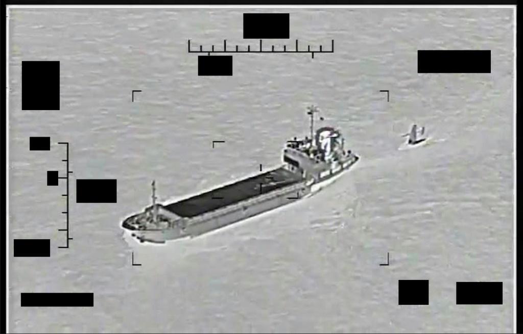 A US Navy image shows an Iranian Islamic Revolutionary Guard Corps Navy support ship "Shahid Baziar" towing a US Navy Saildrone Explorer unmanned surface vessel in international waters in the Gulf.