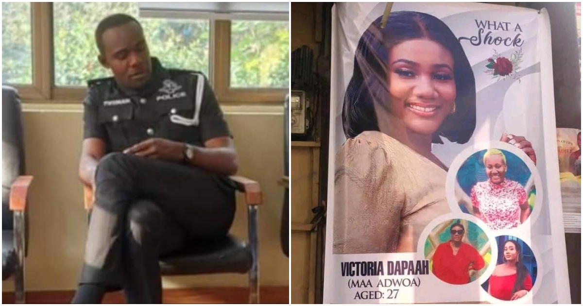 Inspector Twumasi and a poster announcing Madwoa's tragic death.