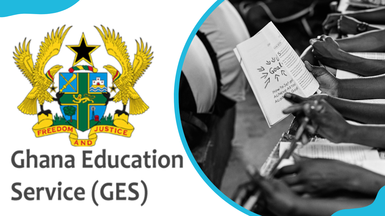 Ghana Education Service logo and students inside a classroom