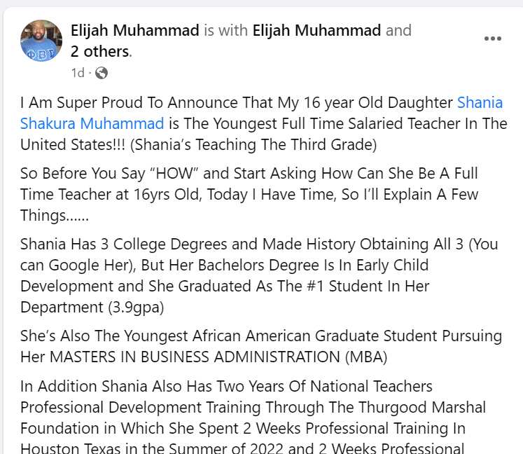 Screenshot of Elijah Muhammad's post about her daughter's achievement.
