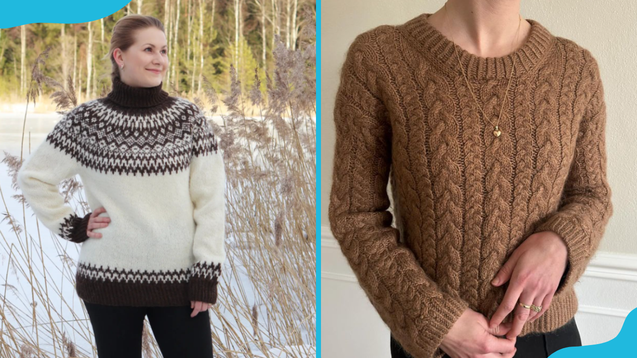 Women in patterned and plain brown sweaters.