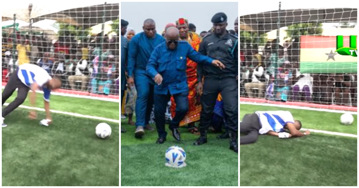 Photos of Nana Addo scoring a goal while commissioning an astroturf