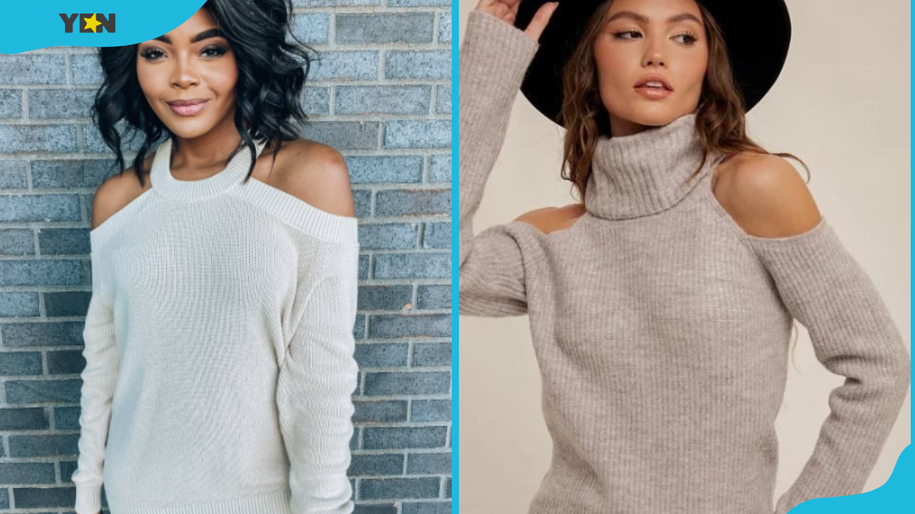 Two ladies wearing beautiful cold shoulder sweaters