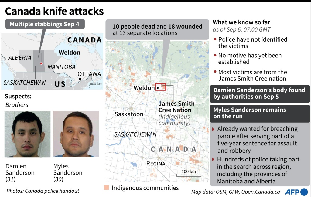 Factfile and map locating the town of Weldon in Canada and Indigenous Community of the James Smith Cree Nation, where at least 10 people were killed in a stabbing attacks on September 4.