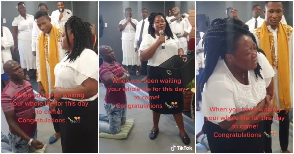 Man proposes to lady in church, church proposal, proposal inside church, lady cries during church proposal