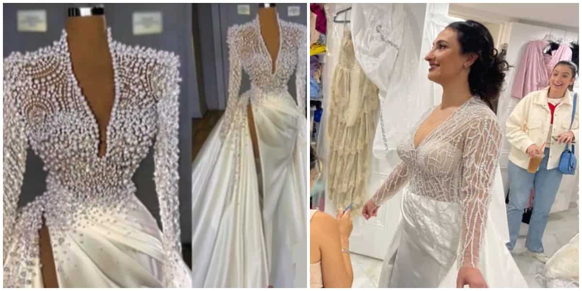 TikToker star splashes GH₵92k on wedding dress, designer disappoints her with terrible replica of what she ordered (Video)