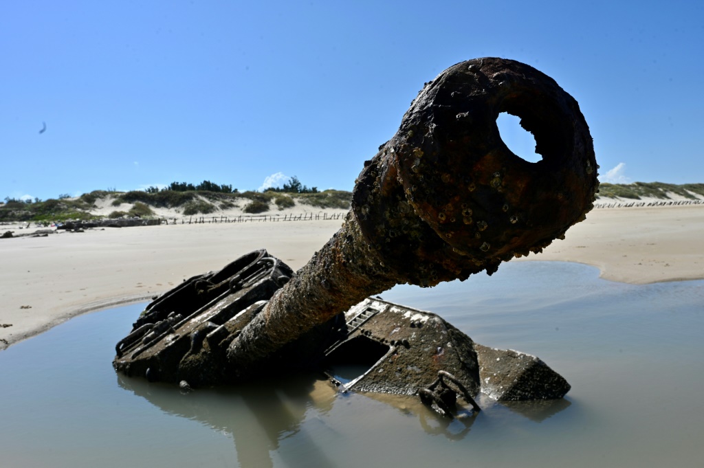 The rusted out wreckage of an old tank is seen at Ou Cuo Sandy Beach on Taiwan's Kinmen Islands