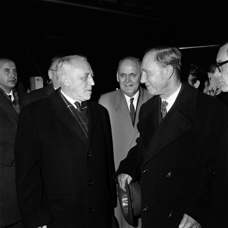 The Soviet Union's permanent delegate at the UN Security Council, Valerian Zorin (L), greets Soviet Deputy Foreign Minister Vasily Kuznetsov (R) on his arrival in New York, on October 29, 1962, as he comes to negotiate an agreement on ending the Cuban missile crisis