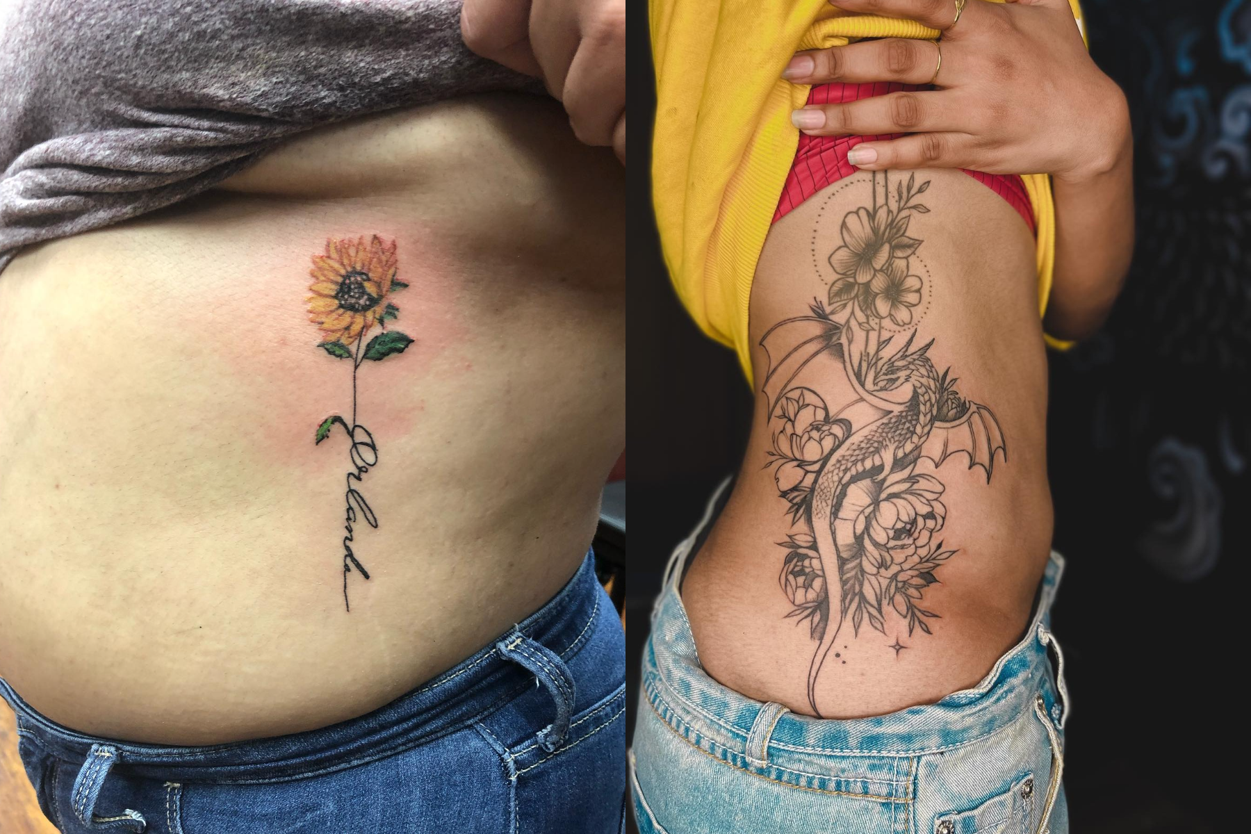 Two ladies in jeans are showcasing their side tattoos