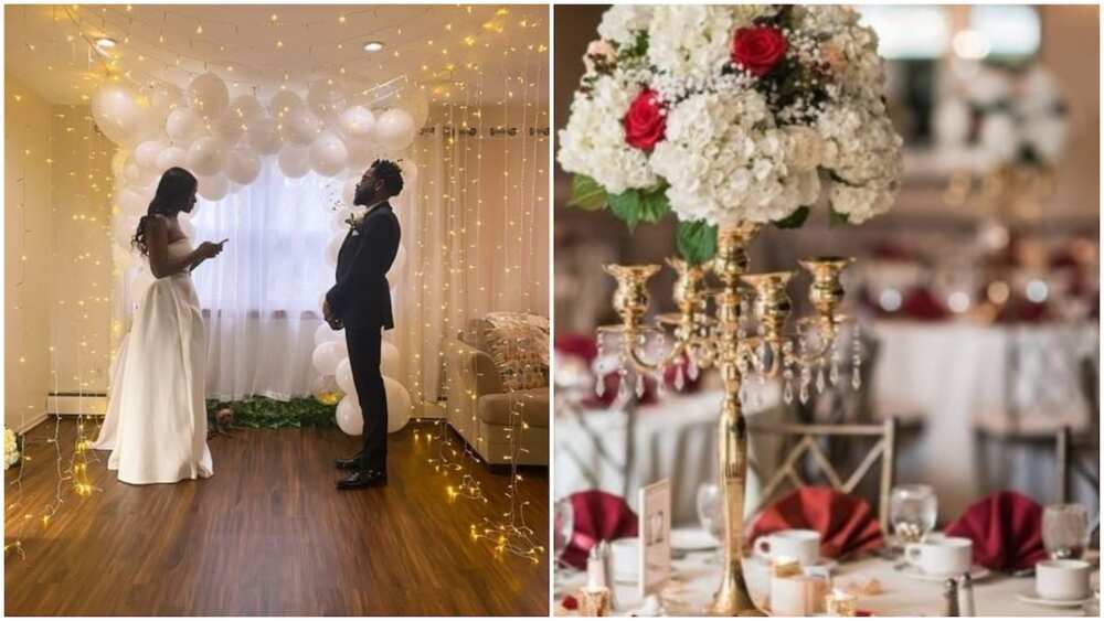 A collage of a private wedding ceremony and an event venue design. Photos sources: Elle/BBC