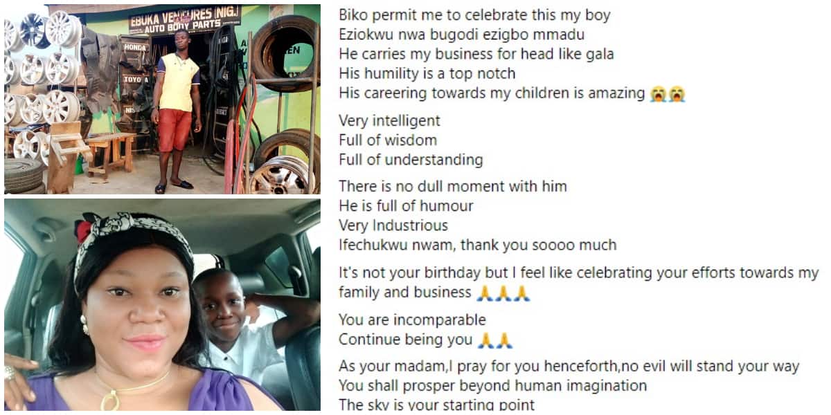 Nigerians react as madam pens touching note for young man who works for her, says he is incomparable