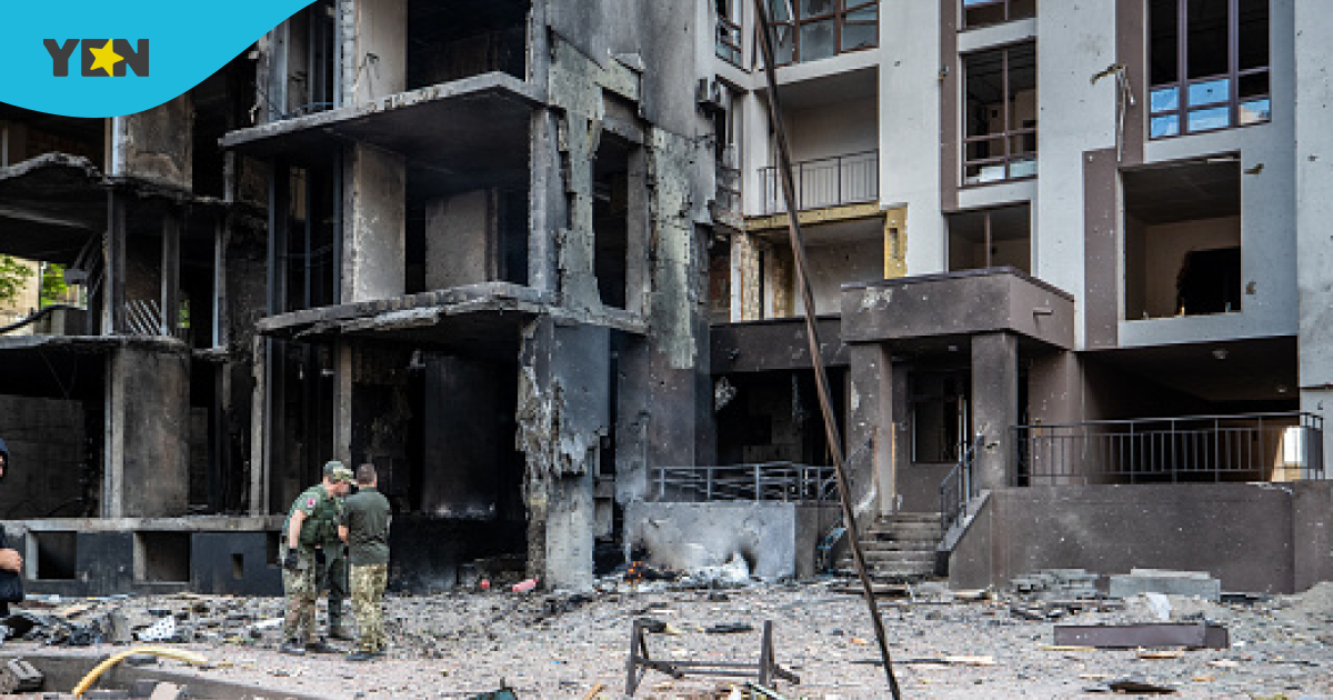 Photo of Russian missile attack on apartment building and preschool in the Shevchenkivskyi District of Kyiv.