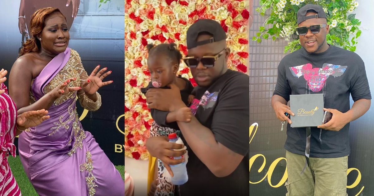 Allah bossu: Excited Fella Makafui gushes as Medikal brings their daughter to support her shop re-opening (video)
