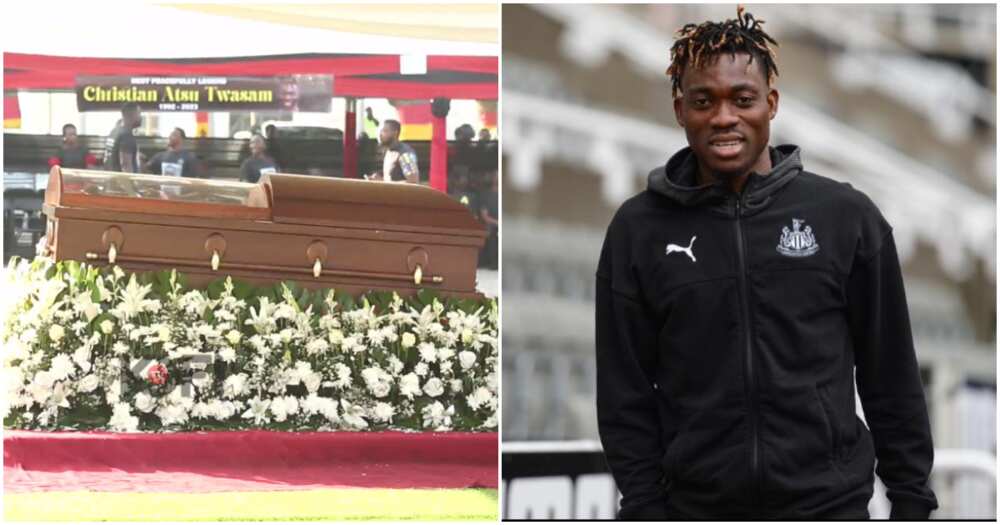 Photo of Christian Atsu and an image from his pre-burial service.
