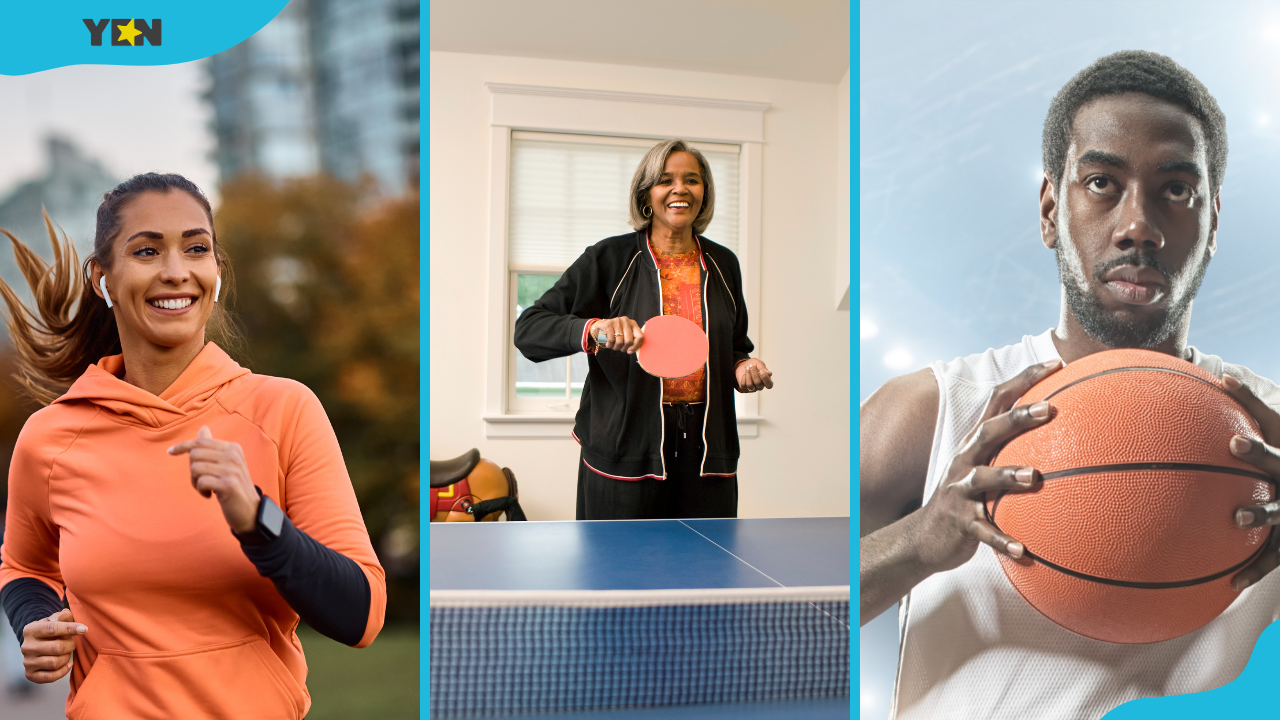 A woman is running (L), a woman playing table tennis (C), and a man on a basketball court with a ball (R)