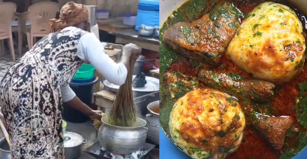 Young woman causes stir as she stirs soup with broom
