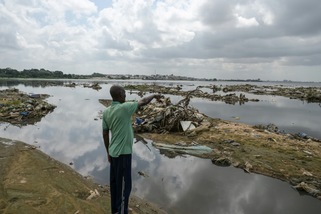 The Ebrie lagoon which abuts Ivory Coast's economic capital Abidjan is choked by plastic pollution