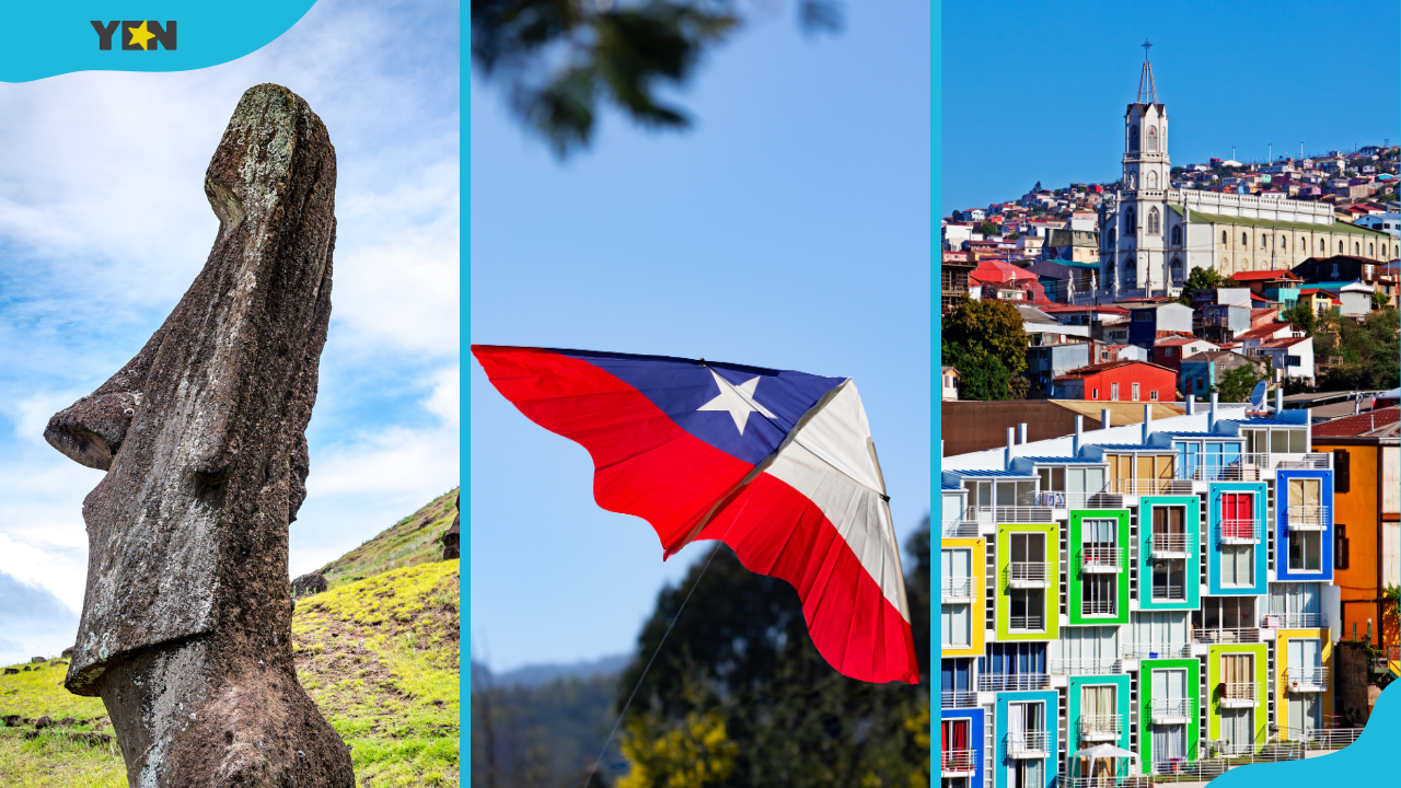 From left to right: Moais on Easter Island, a kite with Chile flag, colourful buildings in Valparaiso