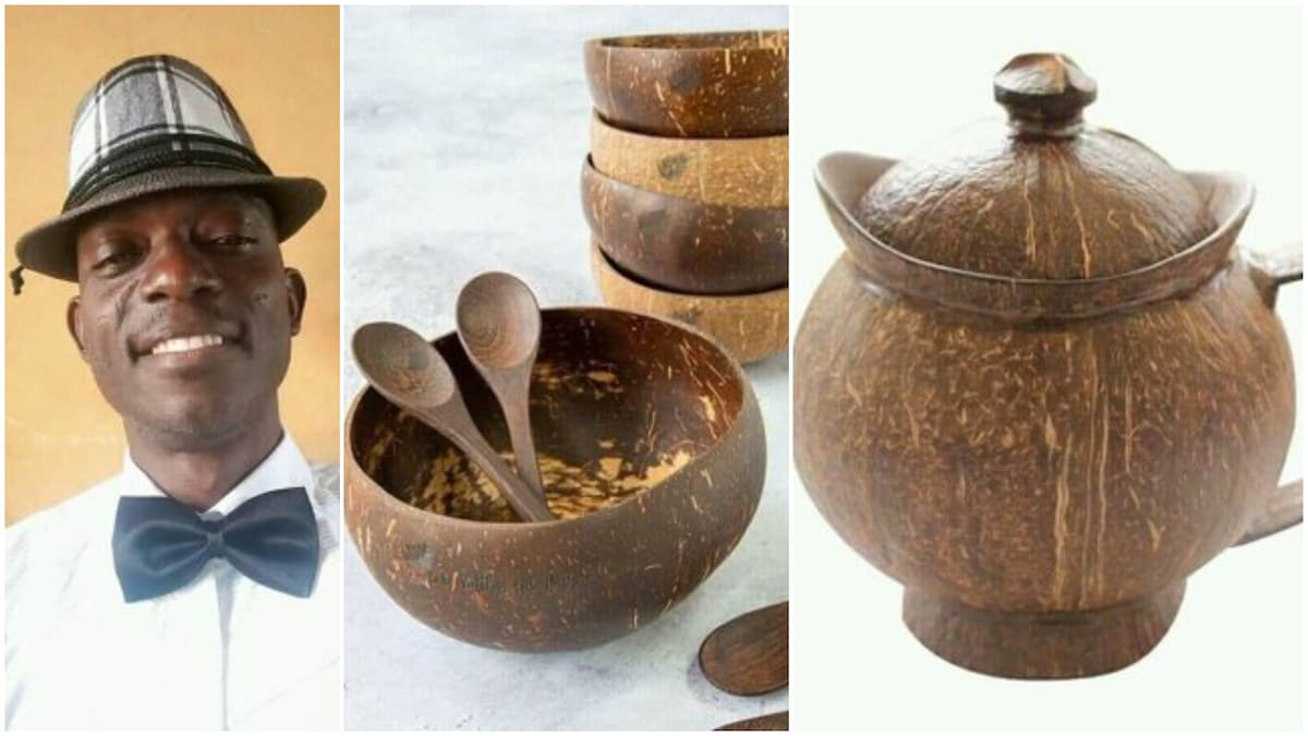 Nigerian Man Converts Coconut Shells Into Fine Cups and Spoons, Photos Stir Reactions