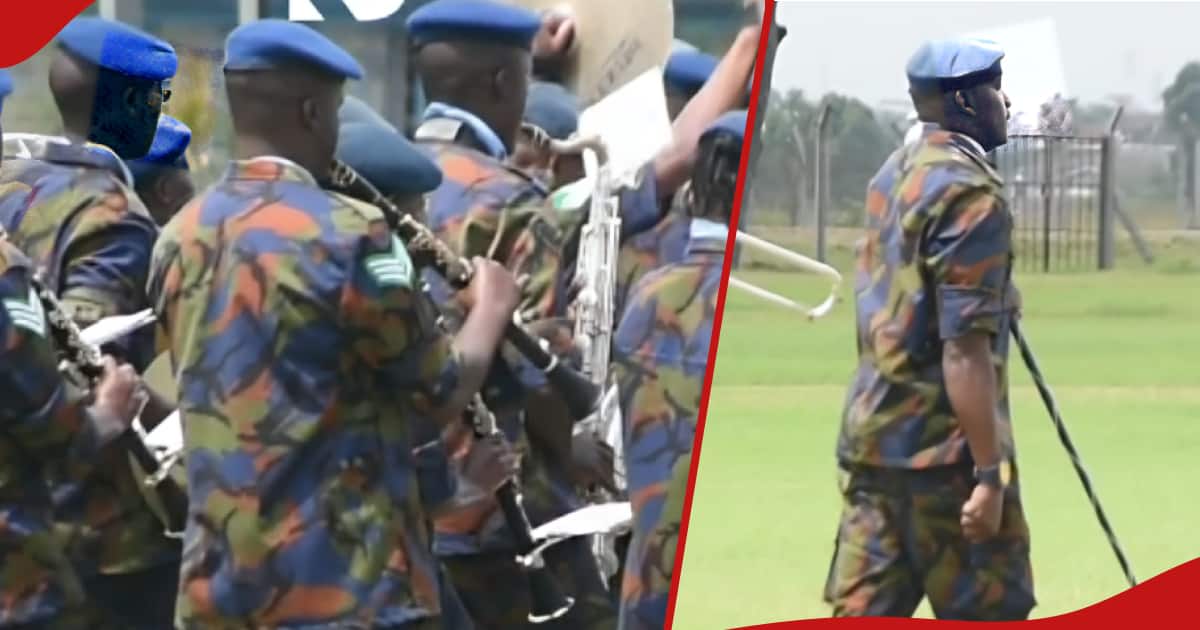 Kenya Air Force band and next frame shows their leader, Kibisu.