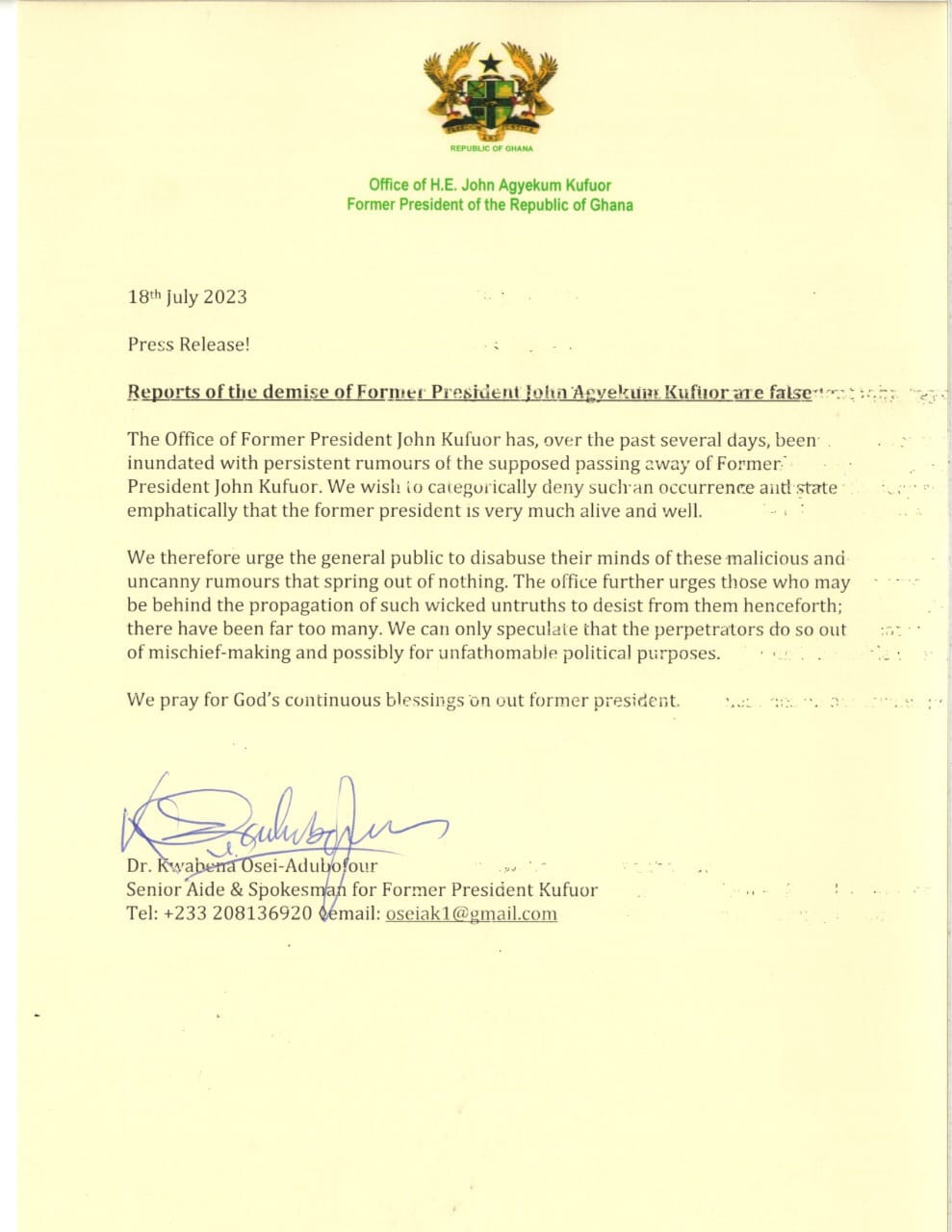 Statement from Kufuor's office debunking rumours that he has died