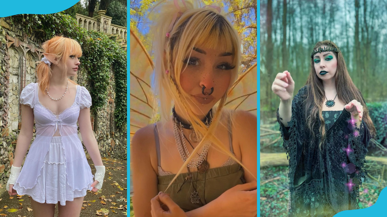 Fairycore aesthetic fashion ideas: elf girl in white (L), fairy in green (C), witch in green (R)