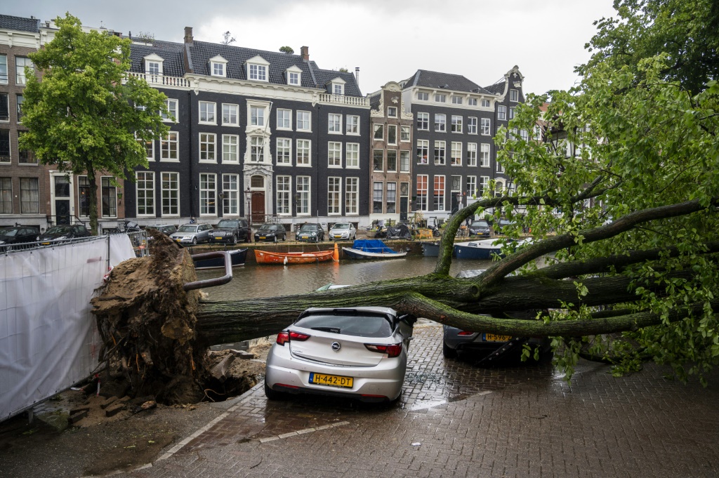 Storm Poly packed howling winds of up to 146 km/h (90 mph), toppling trees and forcing the cancellation of 400 flights from Amsterdam's Schiphol airport