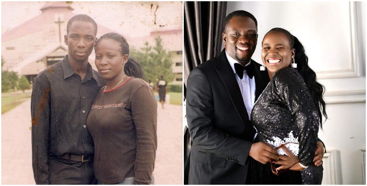 Then and now photos of Bello and her husband