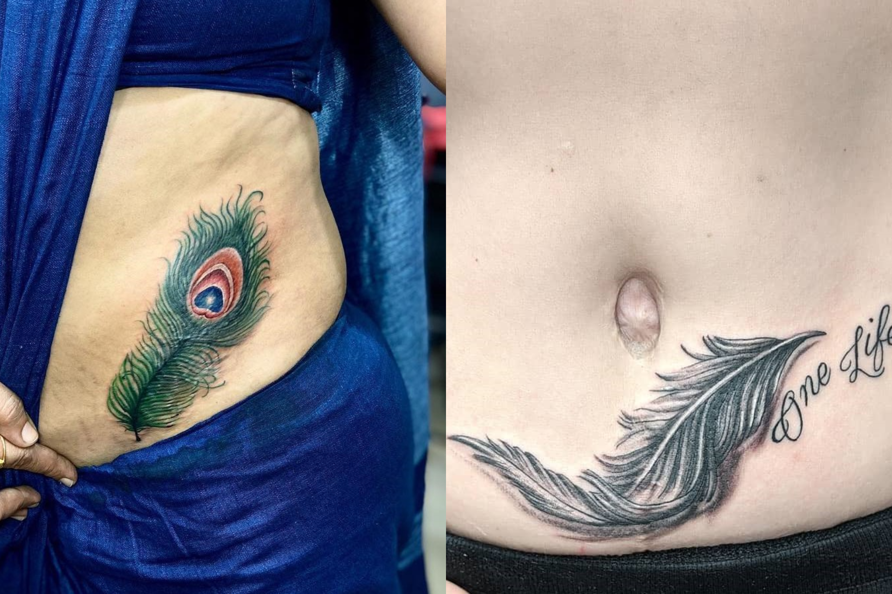 A lady with a coloured feather tattoo (L) and another one with a black feather tattoo (R)