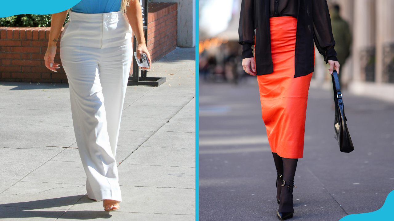 A high-waist white trousers (L) and a high-waist orange mid-length pencil skirt (R)