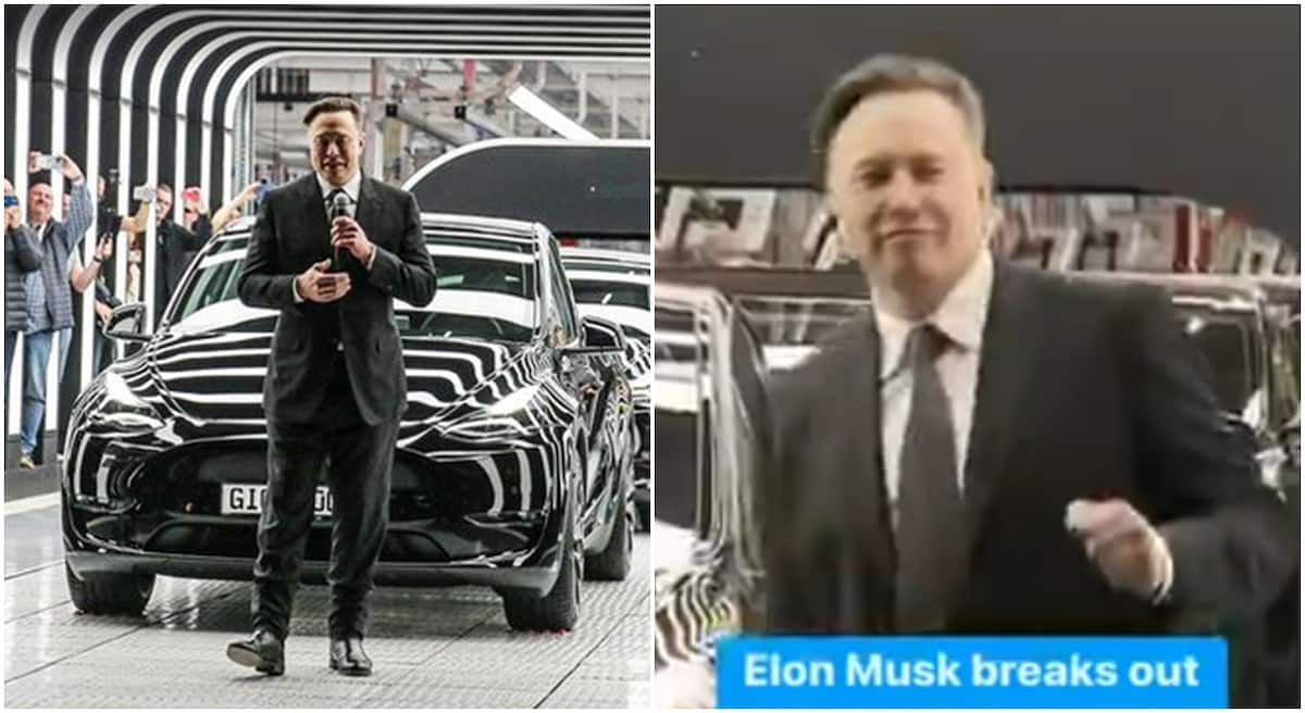 Elon Musk breaks into a dance in Germany during the opening of Tesla car factory.