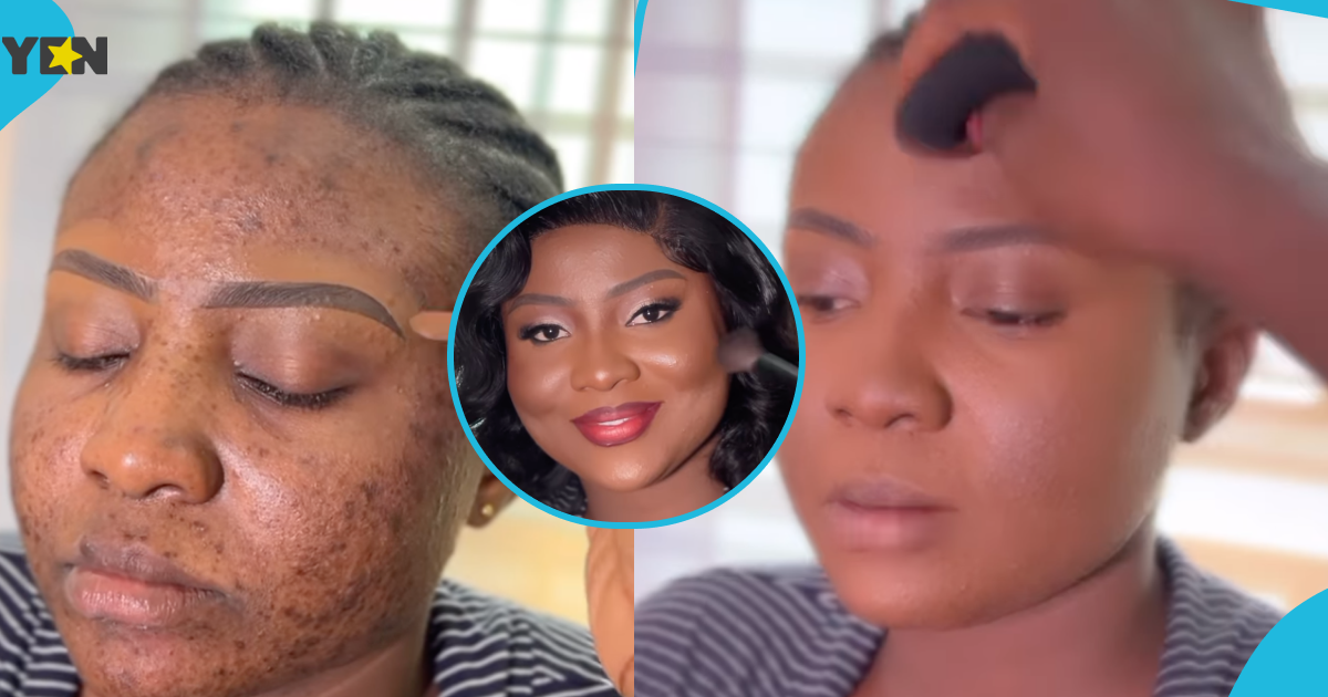 Ghanaians react as pretty bride with acne scars looks different after her bridal makeup transformation