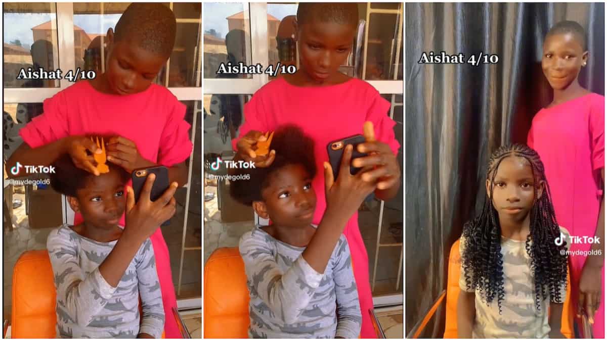 Nigerian girl braids kid's hair, shows off amazing hairdressing skill in video; people rate her