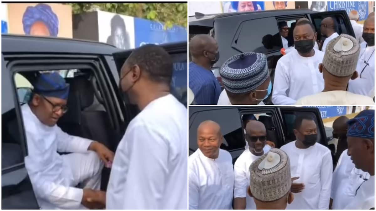 Billionaire's club: Dangote, other rich men shake hands as they arrive for Otedola's mum's 90th birthday